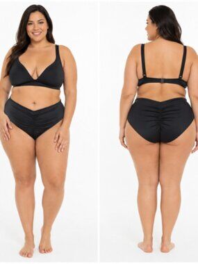 Phoenix Malibu Angled Cheeky Bikini Bottom Black 2X High Waist Ruched